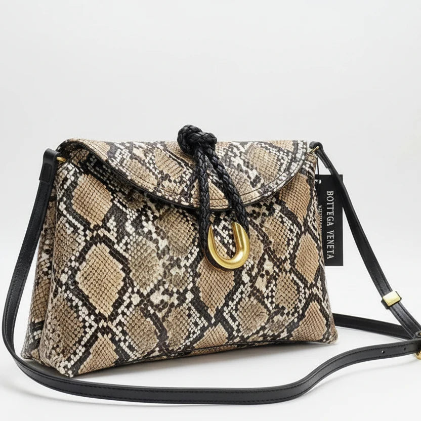 OUVALIA Luxury Edit | Bottega Veneta Python Print Crossbody Bag with Gold Ring Detail