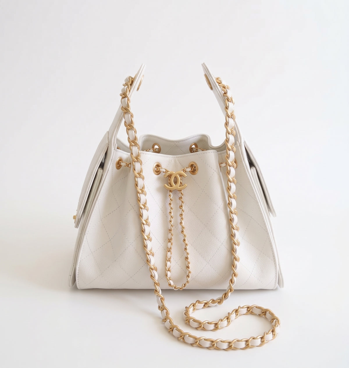 OUVALIA Luxury Edit | Chanel 25 Large Handbag Gold-Tone Metal White