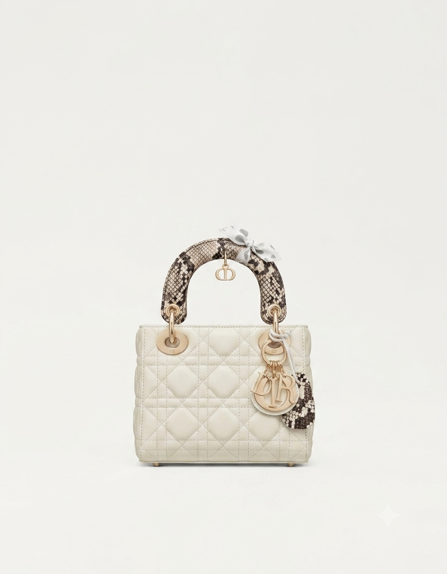 OUVALIA Luxury Edit | Dior Small Lady Dior Bag white Cannage Lambskin and Multicolor Python Light Gold Hardware