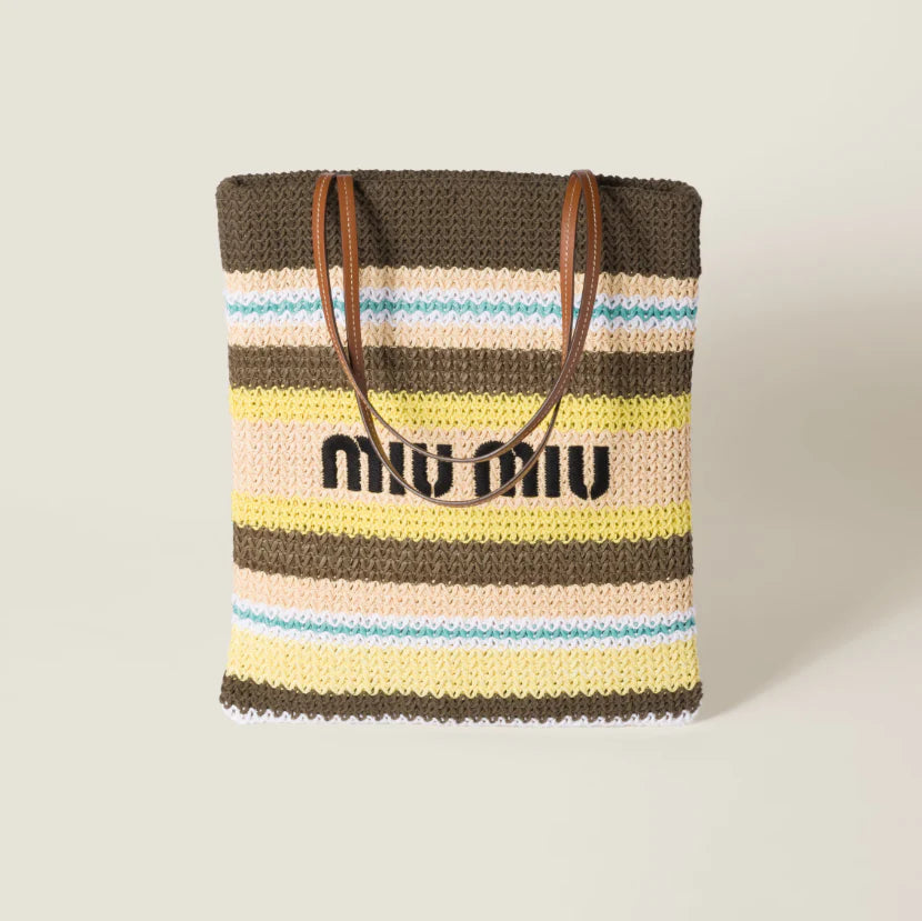OUVALIA Luxury Edit | Miu Miu Striped Crochet Tote Bag – Grey