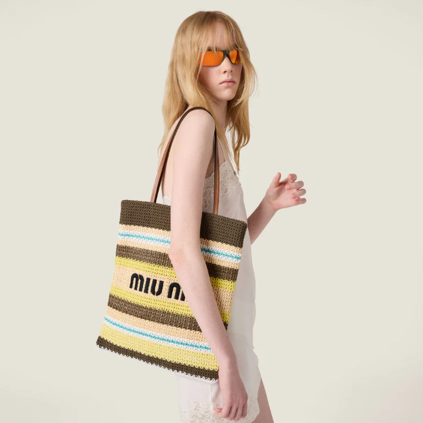OUVALIA Luxury Edit | Miu Miu Striped Crochet Tote Bag – Grey
