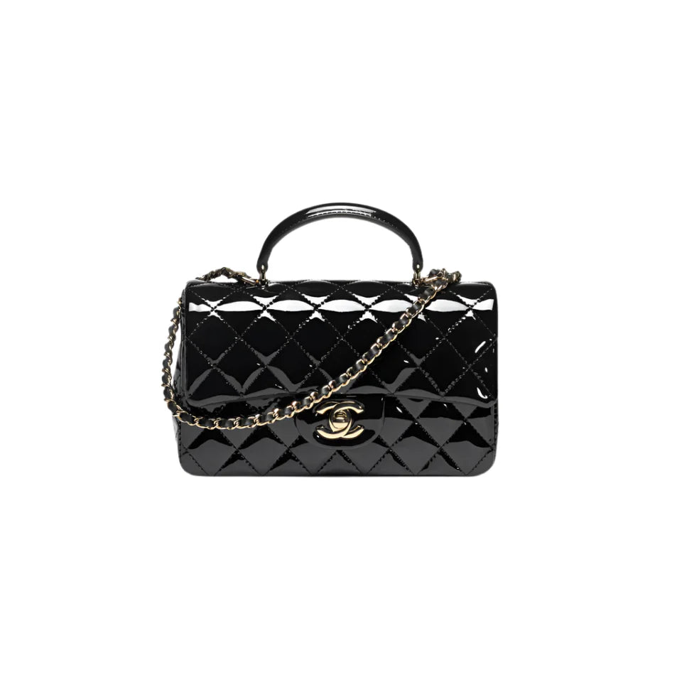 OUVALIA Luxury Edit | Chanel Mini Classic Handbag with Top Handle – Patent Calfskin & Gold-Tone Metal
