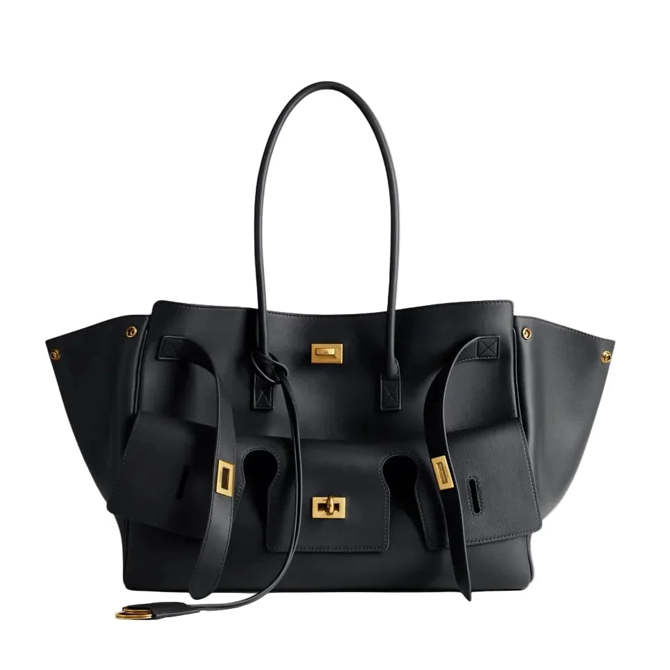 OUVALIA Luxury Edit | Balenciaga Bel Air Carry All Bag Medium In Black Smooth Calfskin, Aged-Gold Hardware