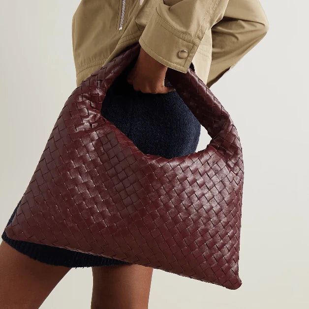 OUVALIA Luxury Edit | Bottega Small Veneta Hop Burgundy Leather Bag