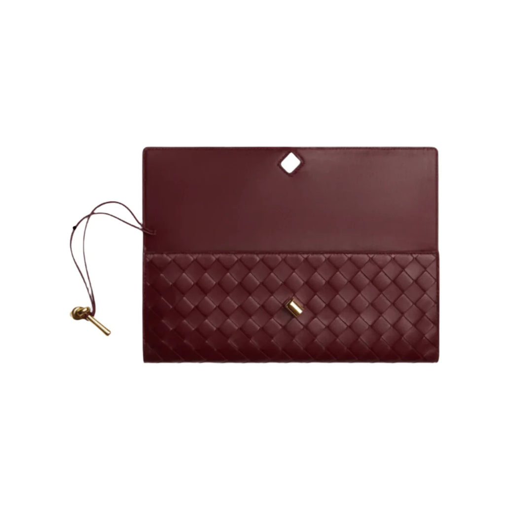 OUVALIA Luxury Edit | Bottega Veneta Andiamo Clutch – Barolo Intrecciato Leather With Brass