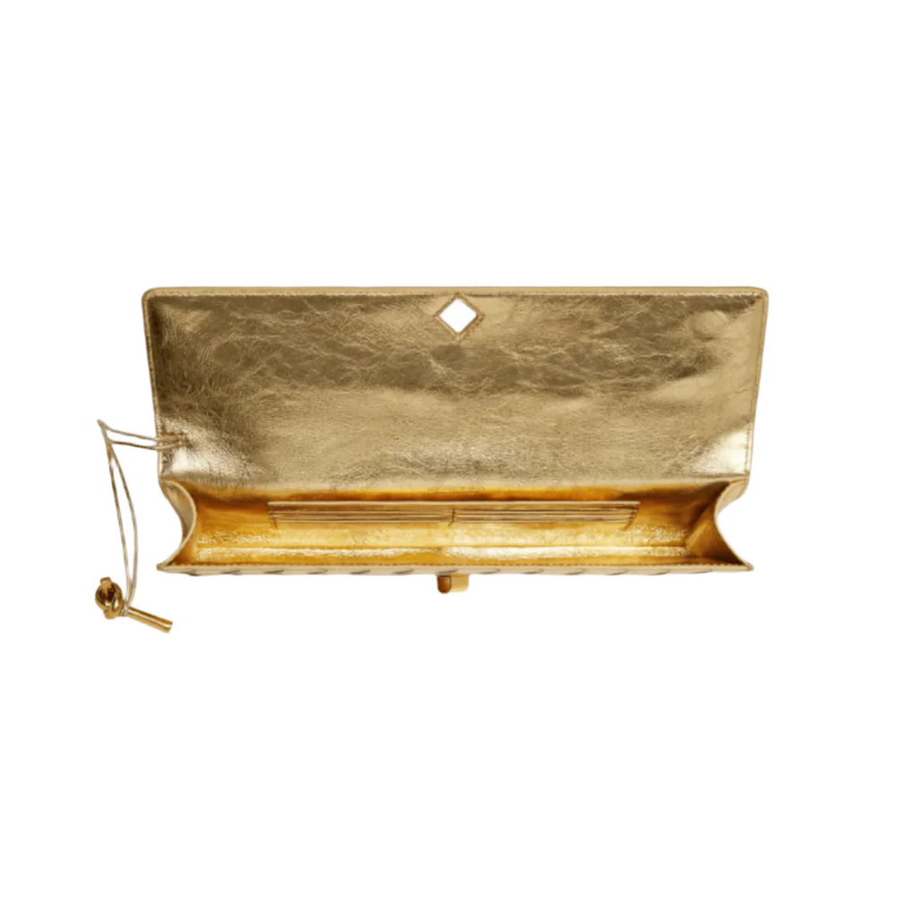 OUVALIA Luxury Edit | Bottega Veneta Andiamo Clutch Metallic Gold Leather With Knotted Strap