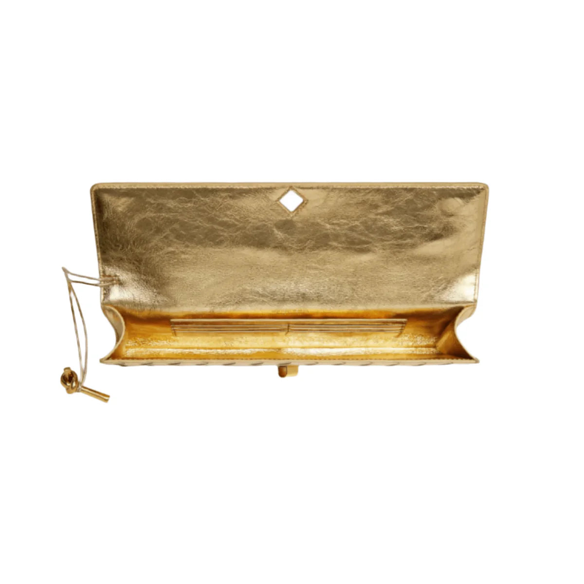 OUVALIA Luxury Edit | Bottega Veneta Andiamo Clutch Metallic Gold Leather With Knotted Strap