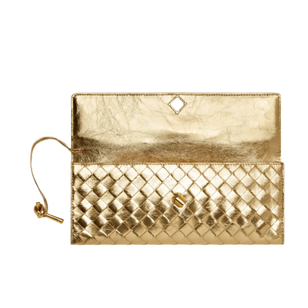 OUVALIA Luxury Edit | Bottega Veneta Andiamo Clutch Metallic Gold Leather With Knotted Strap