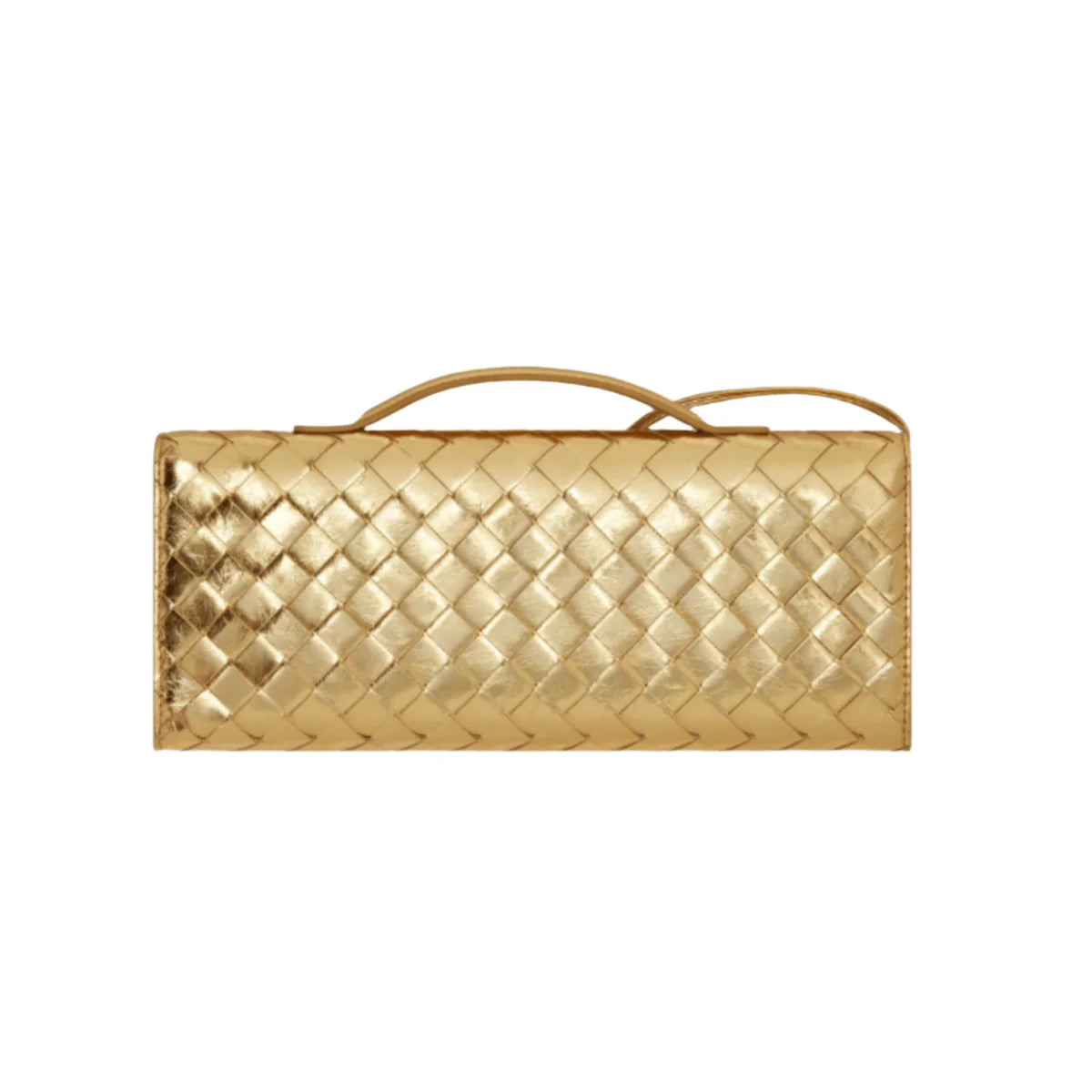 OUVALIA Luxury Edit | Bottega Veneta Andiamo Clutch Metallic Gold Leather With Knotted Strap