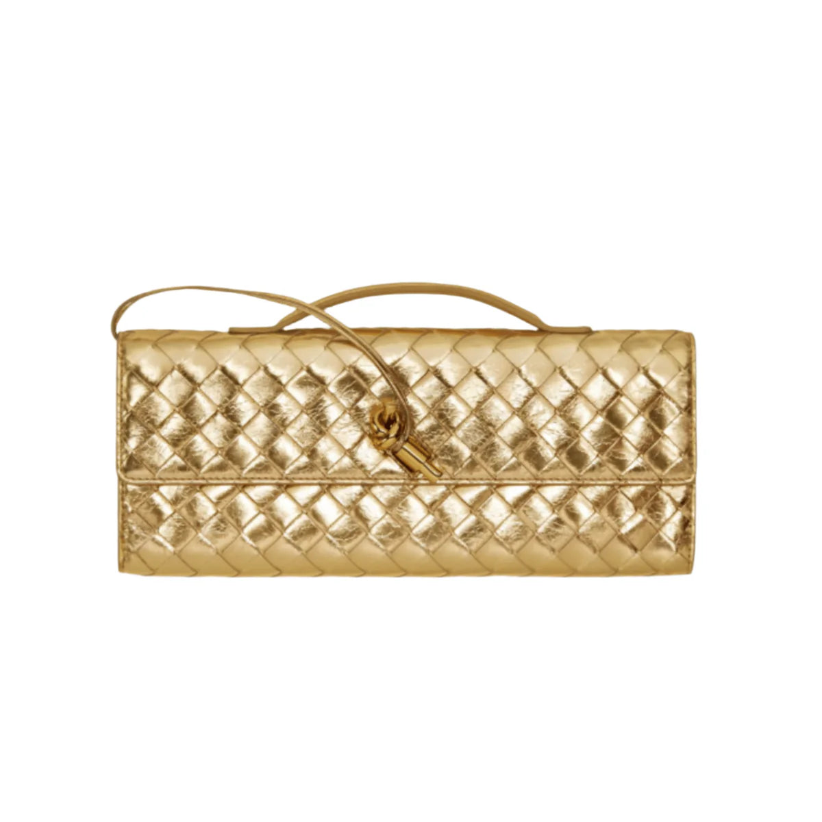 OUVALIA Luxury Edit | Bottega Veneta Andiamo Clutch Metallic Gold Leather With Knotted Strap