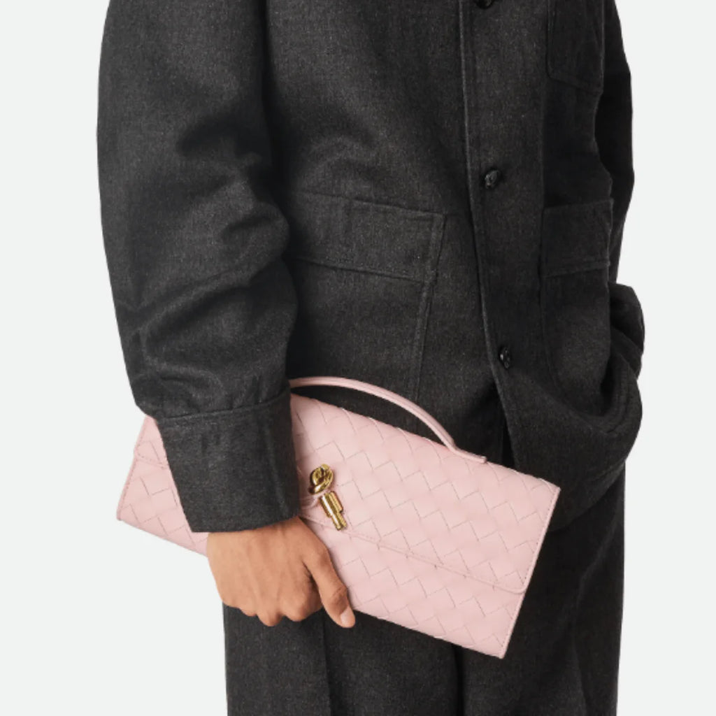 OUVALIA Luxury Edit | Bottega Veneta Andiamo Clutch Rose Pink Leather with Knotted Strap Feminine Italian Elegance