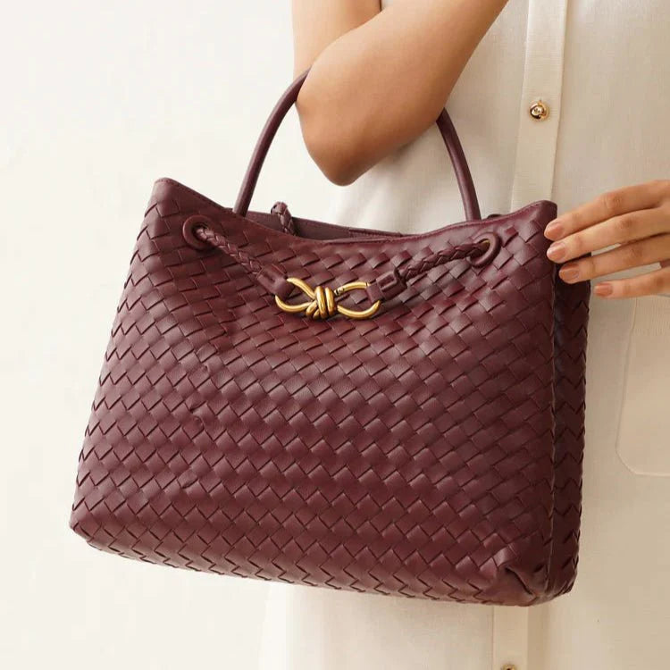 OUVALIA Luxury Edit | Bottega Veneta Medium Andiamo Bag Barolo Intrecciato Leather With Knotted Strap