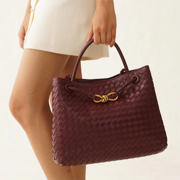 OUVALIA Luxury Edit | Bottega Veneta Medium Andiamo Bag Barolo Intrecciato Leather With Knotted Strap