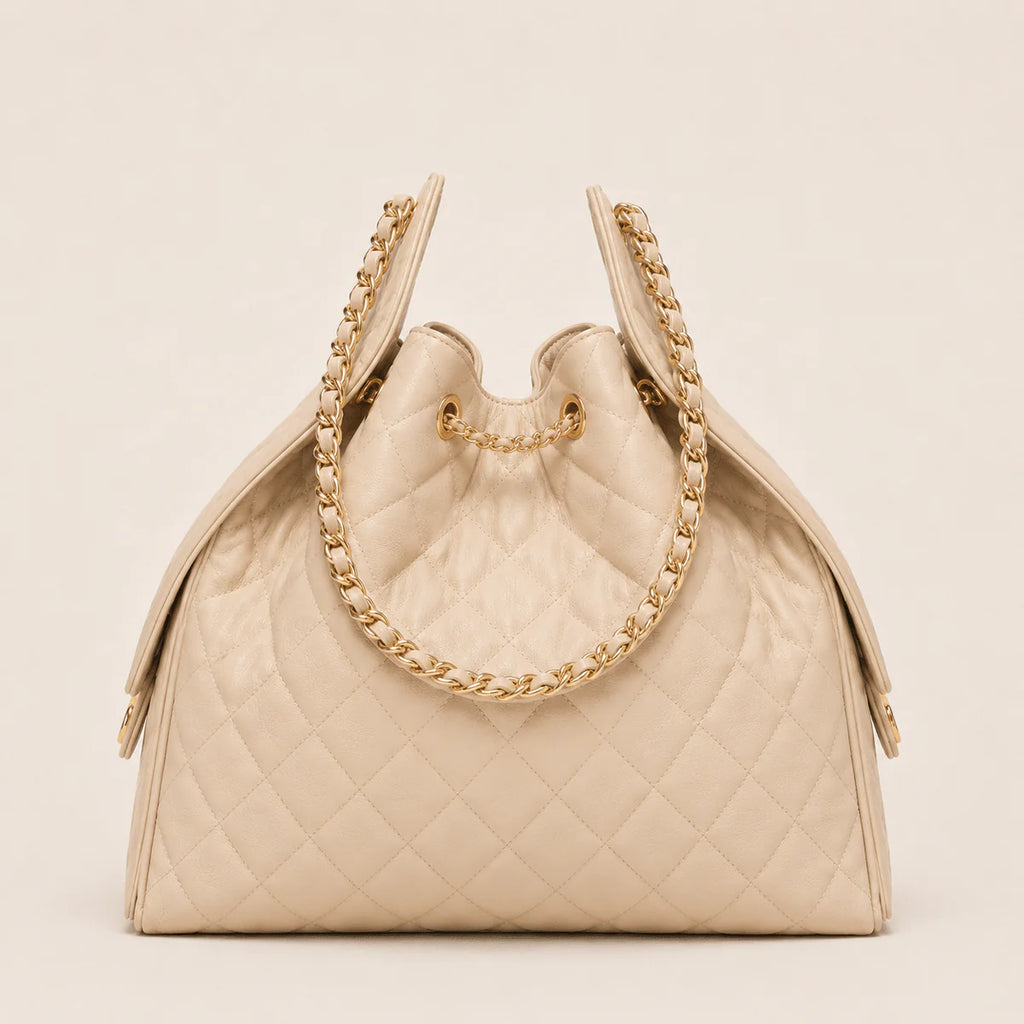 OUVALIA Luxury Edit | Chanel 25 Large Handbag Gold-Tone Metal Beige