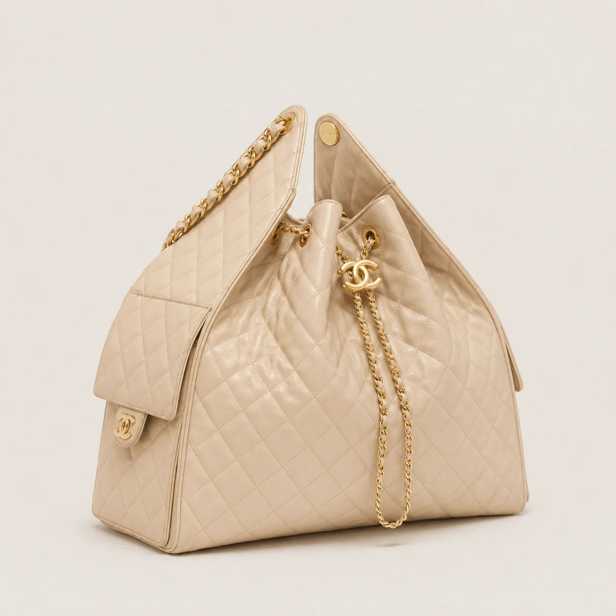 OUVALIA Luxury Edit | Chanel 25 Large Handbag Gold-Tone Metal Beige