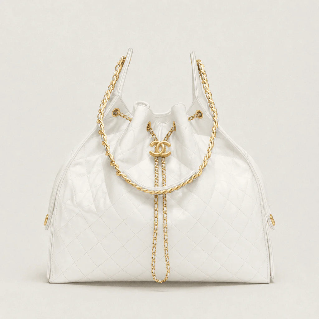 OUVALIA Luxury Edit | Chanel 25 Large Handbag Gold-Tone Metal White