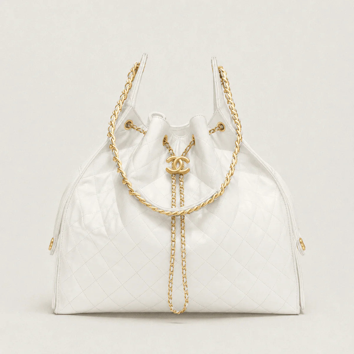 OUVALIA Luxury Edit | Chanel 25 Large Handbag Gold-Tone Metal White