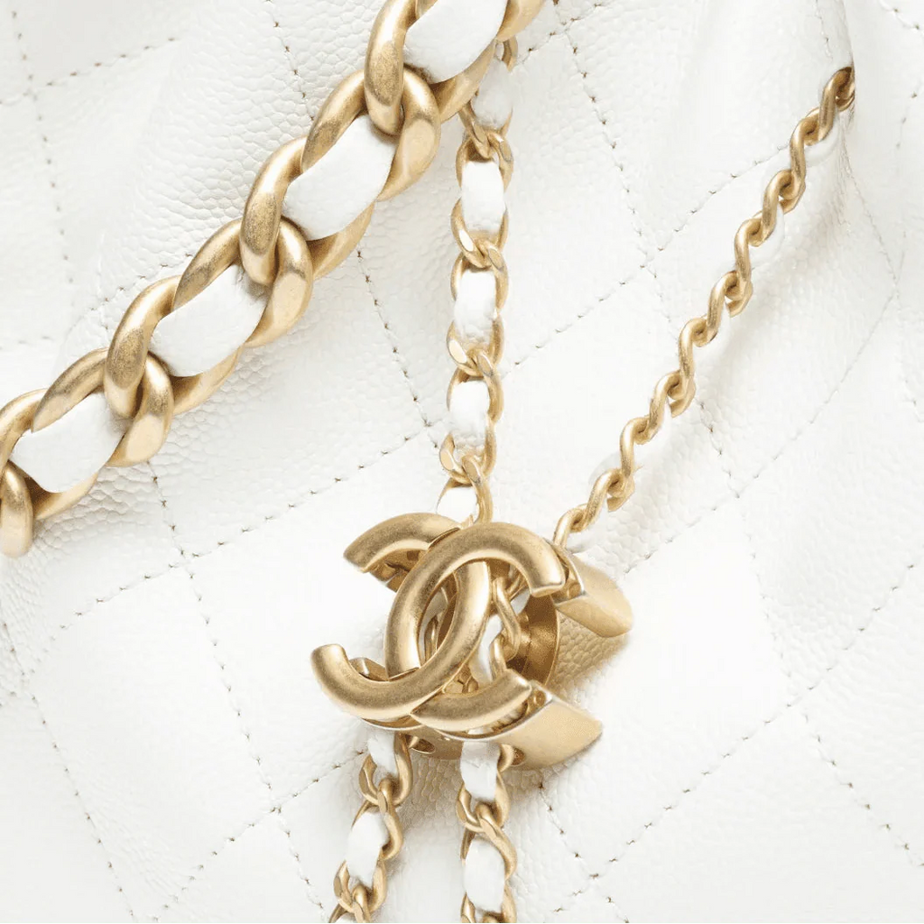 OUVALIA Luxury Edit | Chanel 25 Large Handbag Gold-Tone Metal White