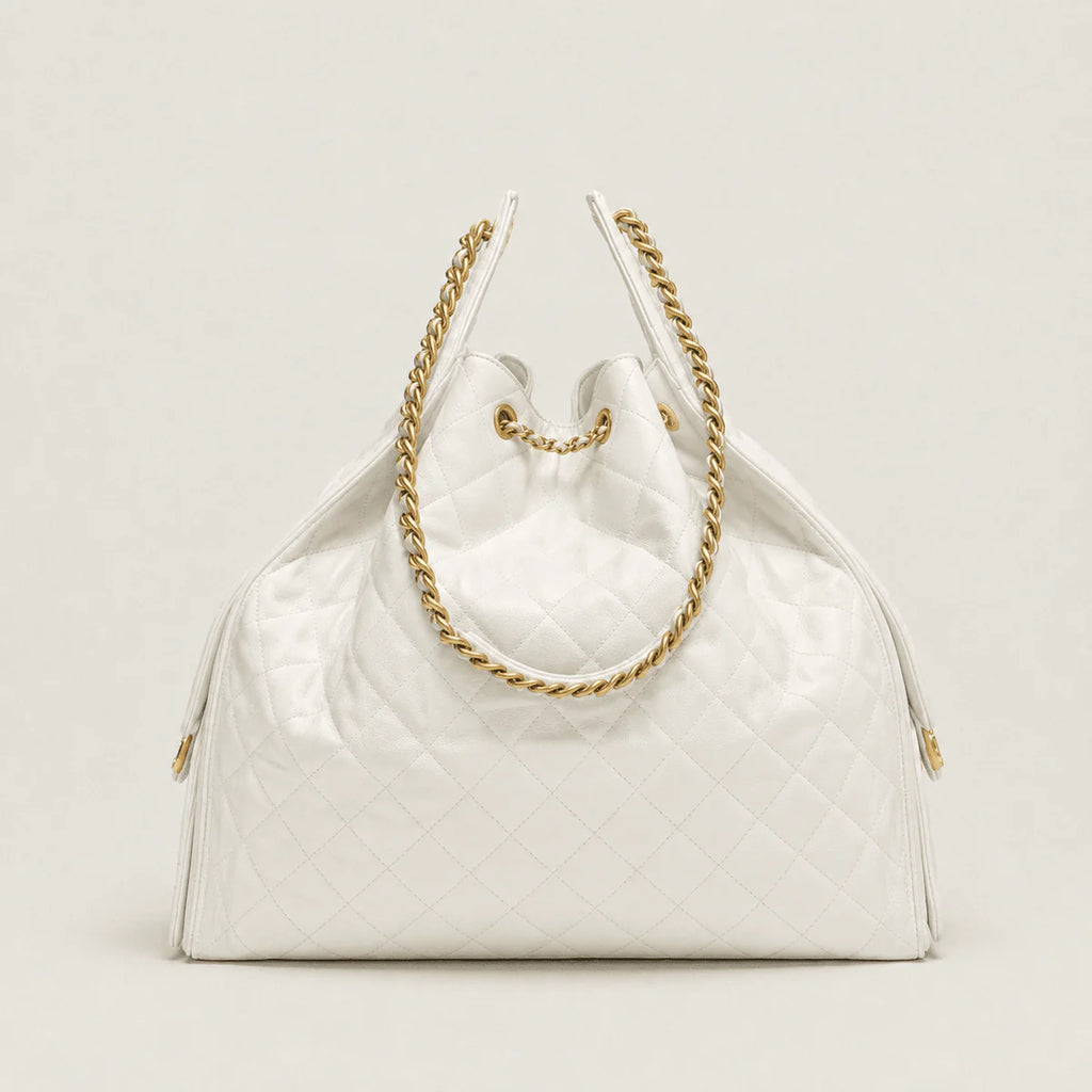 OUVALIA Luxury Edit | Chanel 25 Large Handbag Gold-Tone Metal White