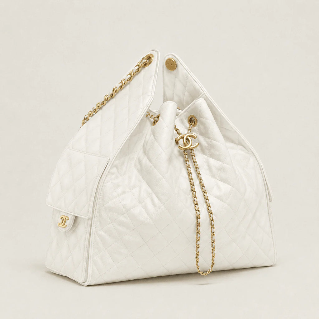 OUVALIA Luxury Edit | Chanel 25 Large Handbag Gold-Tone Metal White