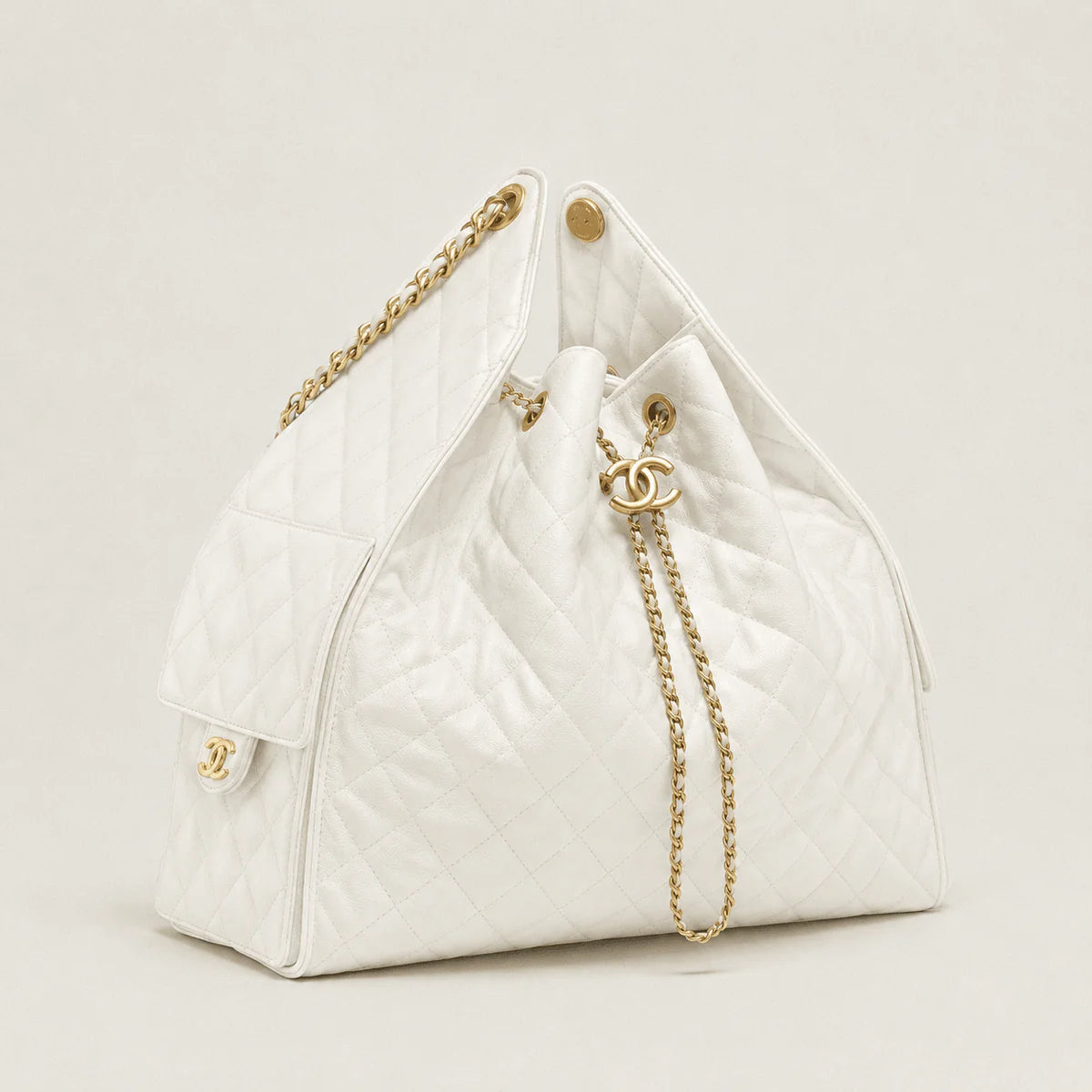 OUVALIA Luxury Edit | Chanel 25 Large Handbag Gold-Tone Metal White