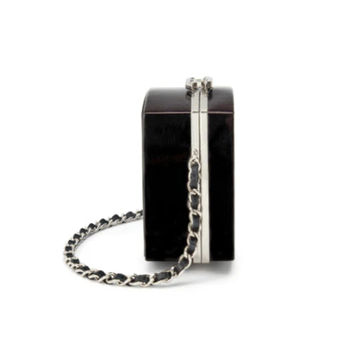 OUVALIA Luxury Edit | Chanel Black Patent Leather and Silver Mirror Minaudière Silver Hardware