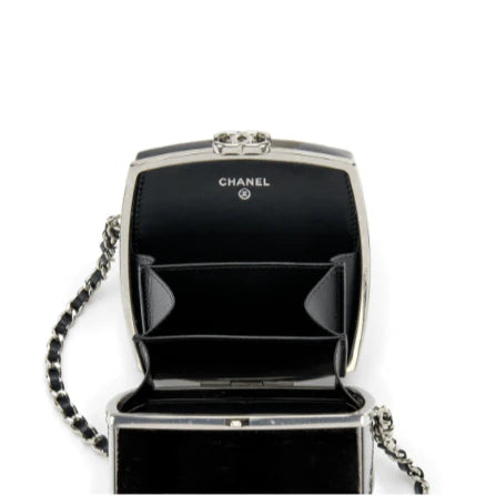 OUVALIA Luxury Edit | Chanel Black Patent Leather and Silver Mirror Minaudière Silver Hardware