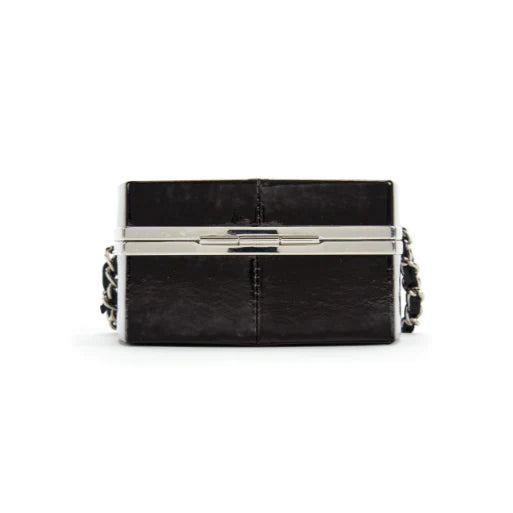 OUVALIA Luxury Edit | Chanel Black Patent Leather and Silver Mirror Minaudière Silver Hardware
