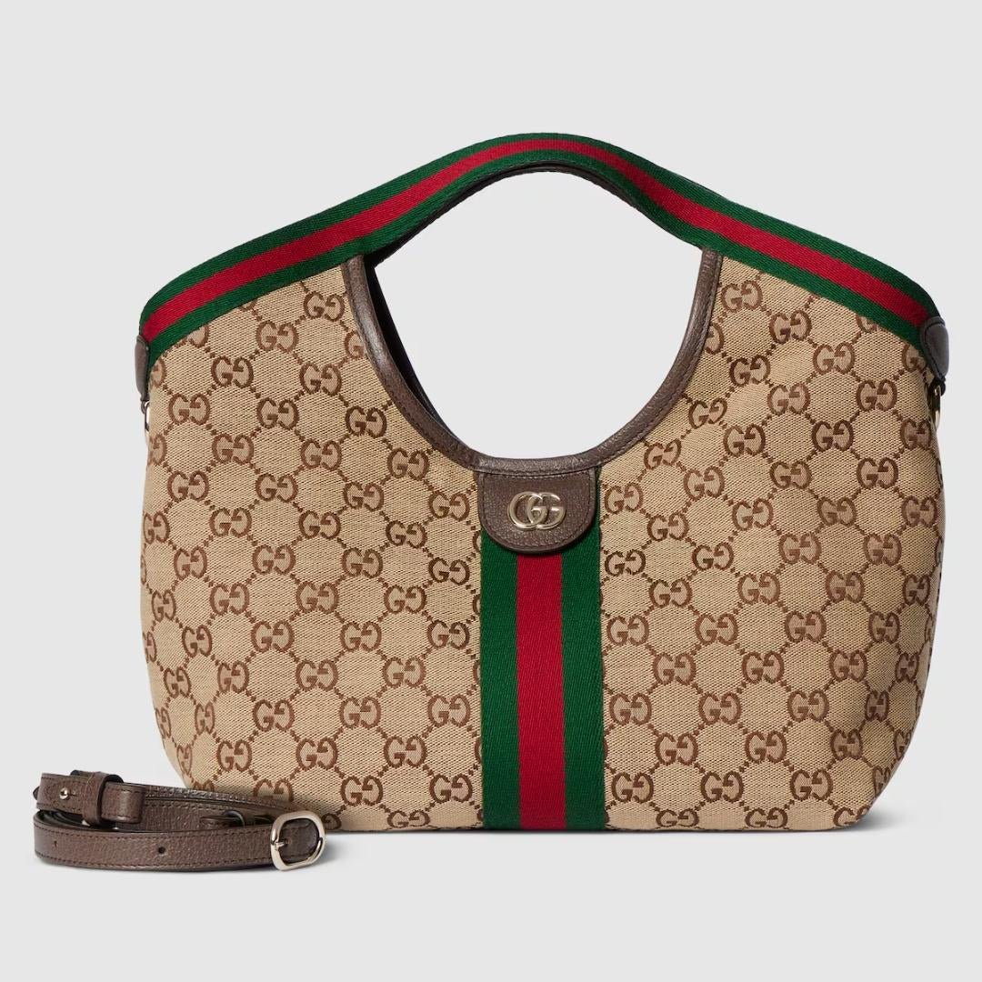 OUVALIA Luxury Edit | Gucci Giglio Small Tote Bag In Beige and Brown GG Canvas