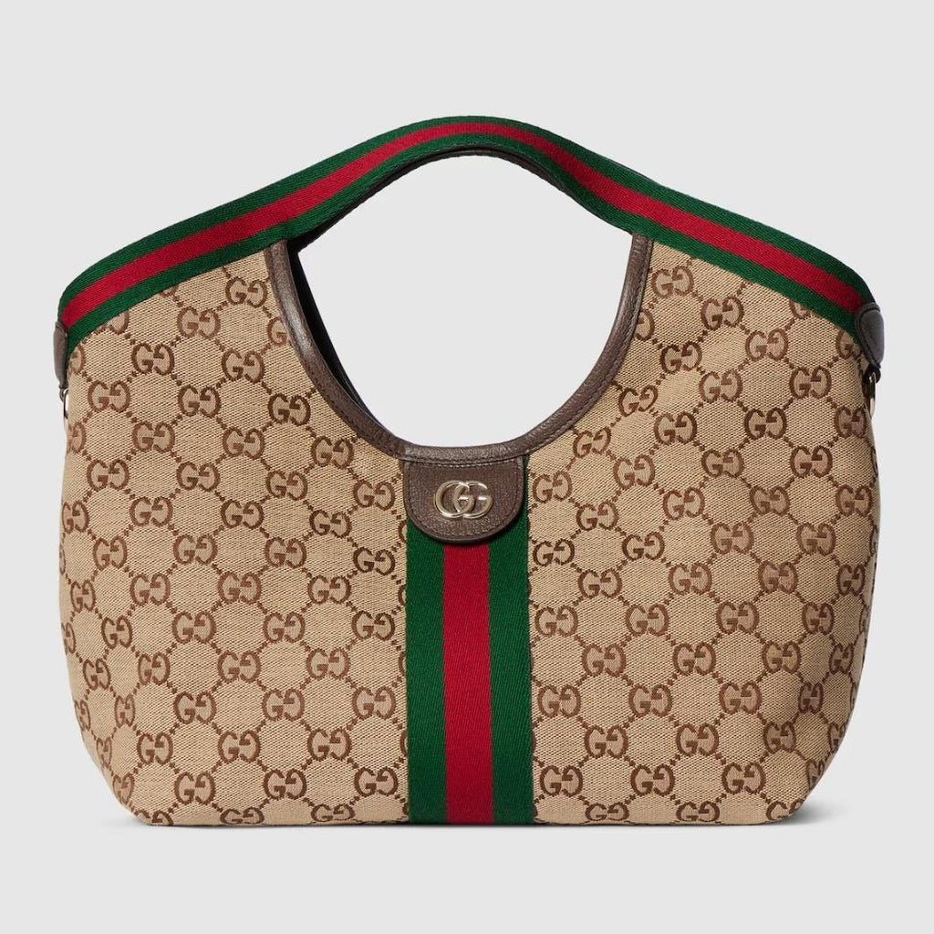 OUVALIA Luxury Edit | Gucci Giglio Small Tote Bag In Beige and Brown GG Canvas