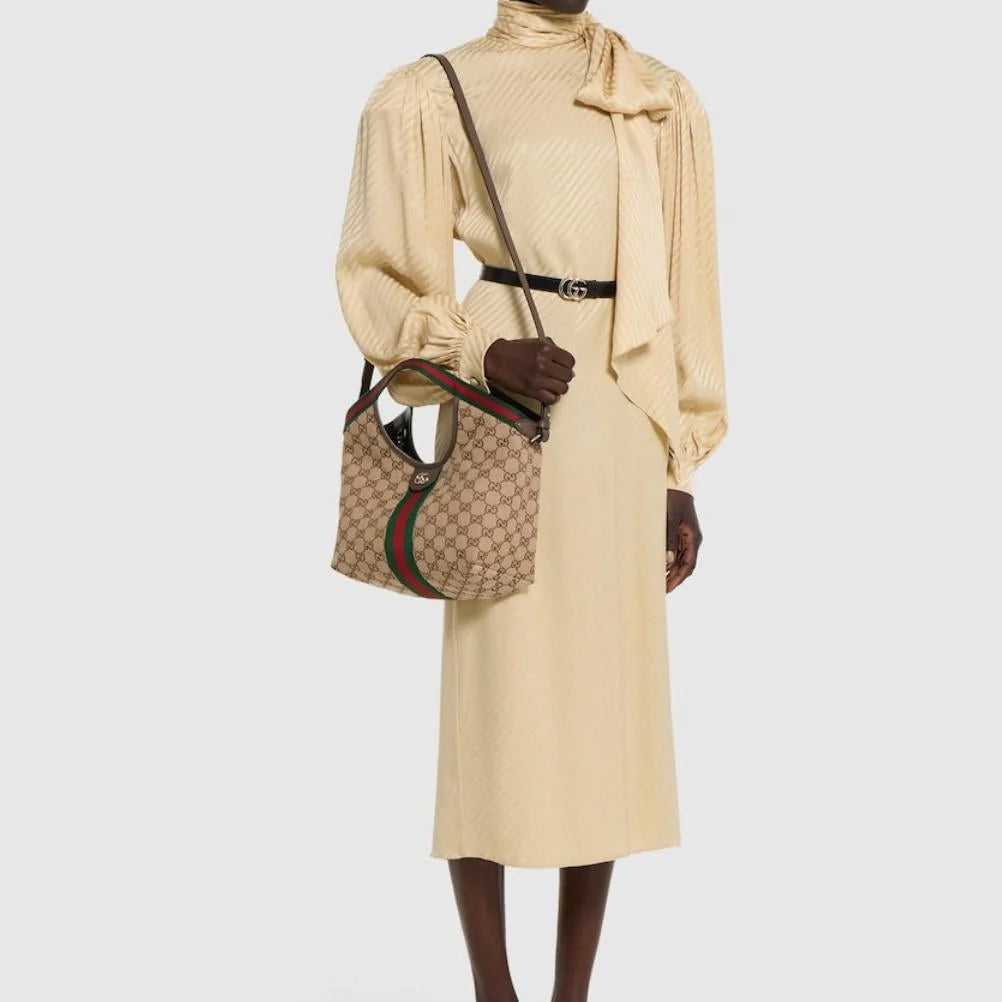 OUVALIA Luxury Edit | Gucci Giglio Small Tote Bag In Beige and Brown GG Canvas
