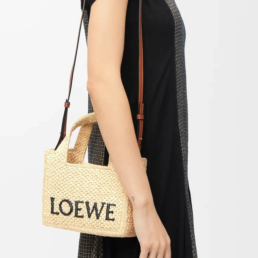 OUVALIA Luxury Edit | Loewe Mini Loewe Font Tote In Raffia For Women
