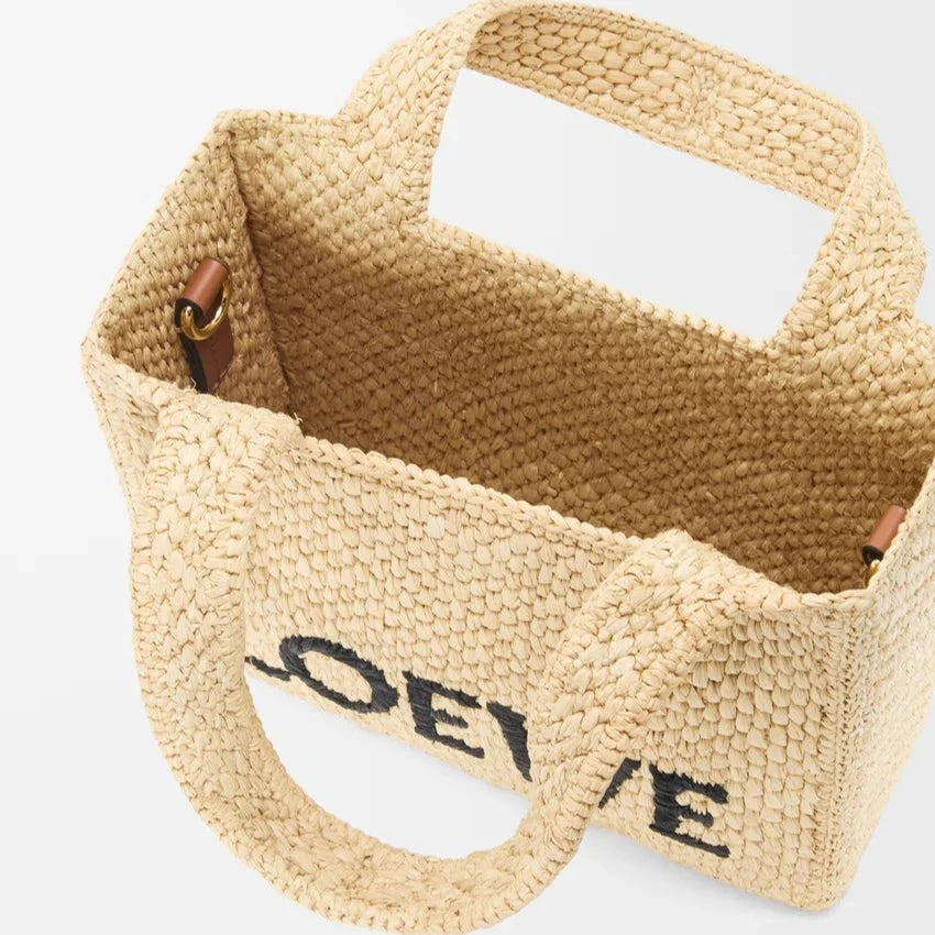 OUVALIA Luxury Edit | Loewe Mini Loewe Font Tote In Raffia For Women