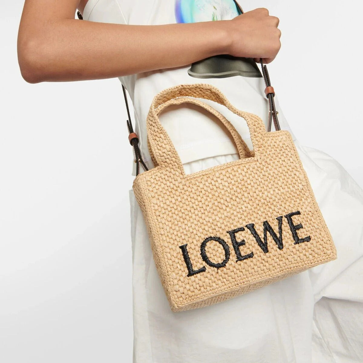 OUVALIA Luxury Edit | Loewe Mini Loewe Font Tote In Raffia For Women