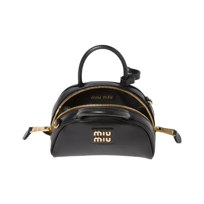 OUVALIA Luxury Edit | Miu Miu Leather Top-Handle Bag With Metal Lettering Logo And Gold-Tone Hardware Black