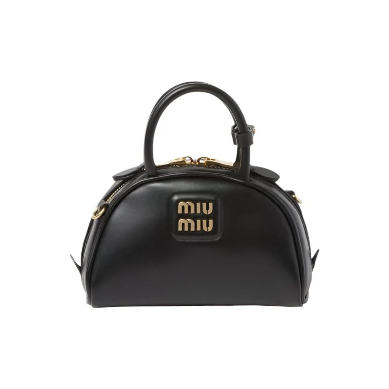OUVALIA Luxury Edit | Miu Miu Leather Top-Handle Bag With Metal Lettering Logo And Gold-Tone Hardware Black