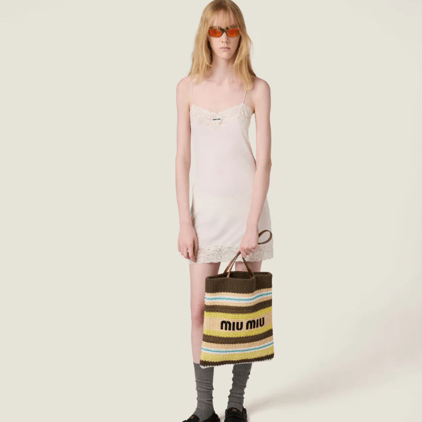 OUVALIA Luxury Edit | Miu Miu Striped Crochet Tote Bag – Grey