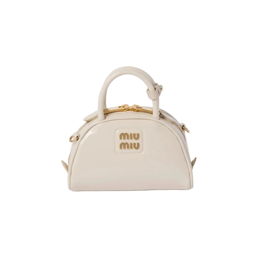 OUVALIA Luxury Edit | Miu Miu Vernice Branded Leather Top-Handle Bag