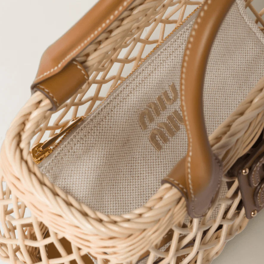 OUVALIA Luxury Edit | Miu Miu Woven Fabric Handbag With Leather Trim Tan/Caramel