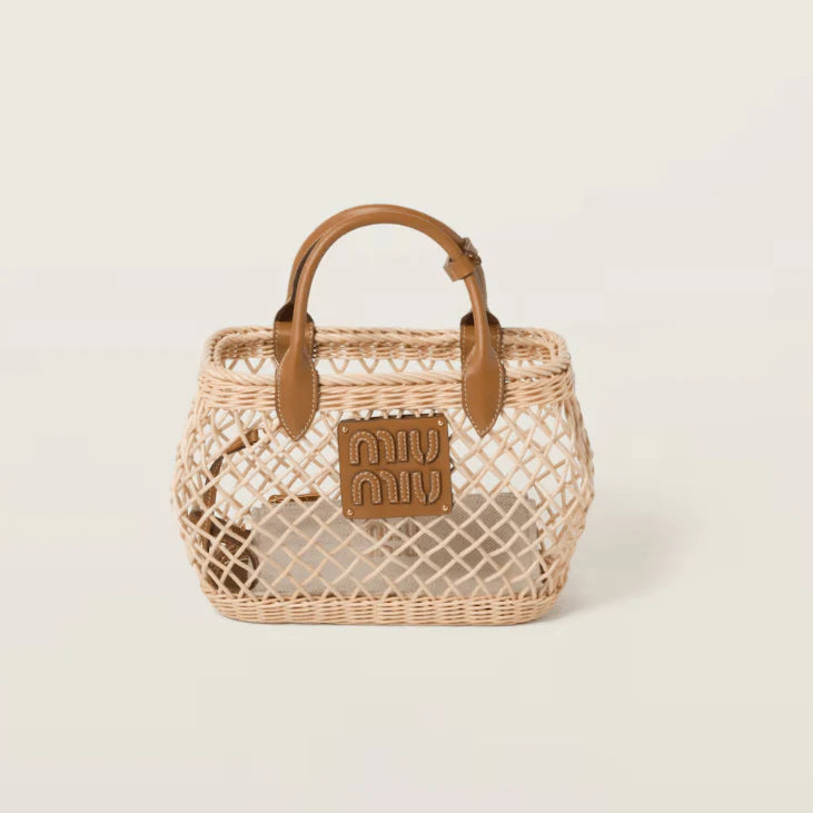 OUVALIA Luxury Edit | Miu Miu Woven Fabric Handbag With Leather Trim Tan/Caramel