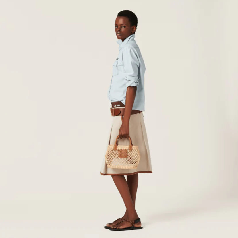 OUVALIA Luxury Edit | Miu Miu Woven Fabric Handbag With Leather Trim Tan/Caramel
