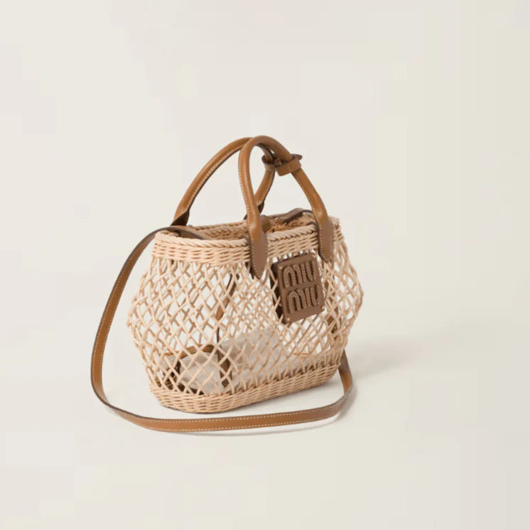 OUVALIA Luxury Edit | Miu Miu Woven Fabric Handbag With Leather Trim Tan/Caramel