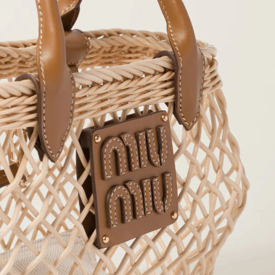OUVALIA Luxury Edit | Miu Miu Woven Fabric Handbag With Leather Trim Tan/Caramel