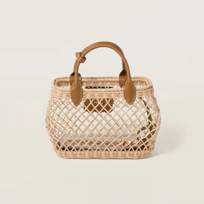 OUVALIA Luxury Edit | Miu Miu Woven Fabric Handbag With Leather Trim Tan/Caramel