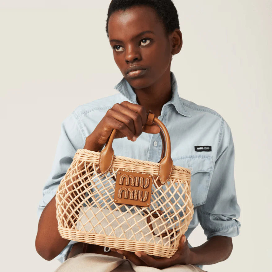 OUVALIA Luxury Edit | Miu Miu Woven Fabric Handbag With Leather Trim Tan/Caramel