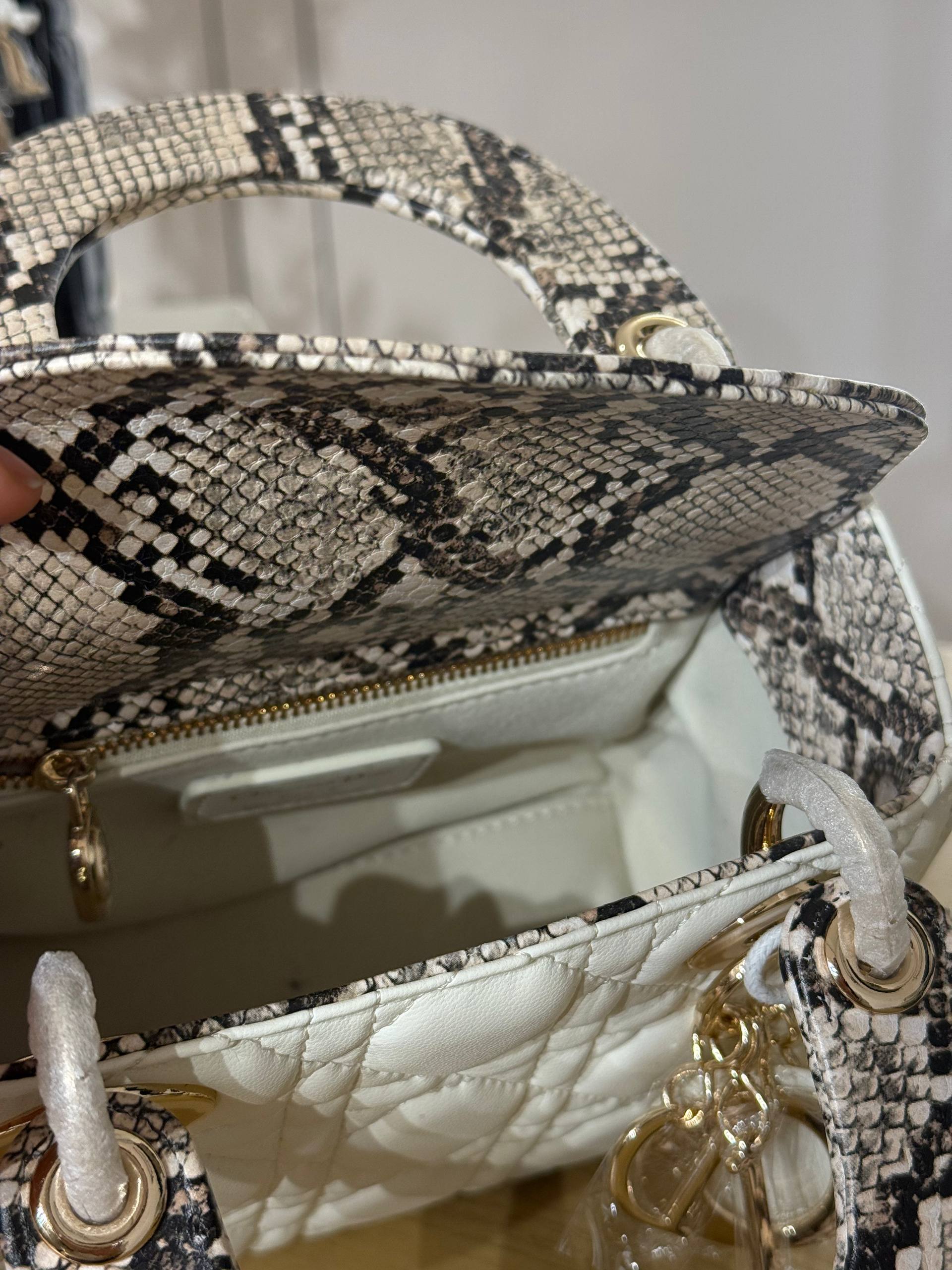 OUVALIA Luxury Edit | Dior Small Lady Dior Bag white Cannage Lambskin and Multicolor Python Light Gold Hardware