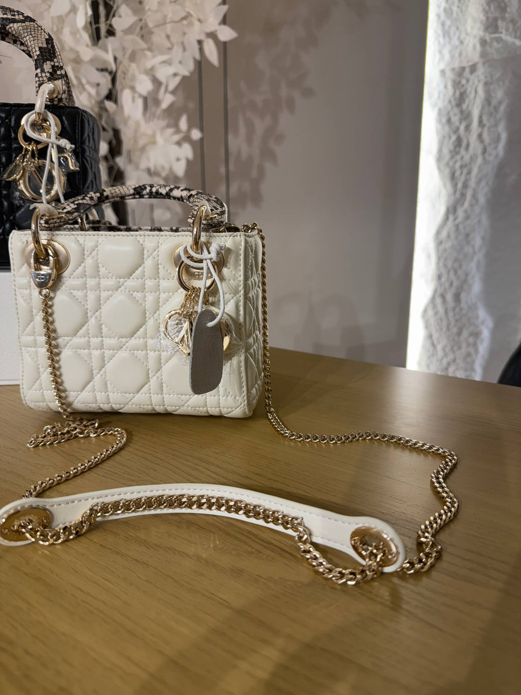 OUVALIA Luxury Edit | Dior Small Lady Dior Bag white Cannage Lambskin and Multicolor Python Light Gold Hardware