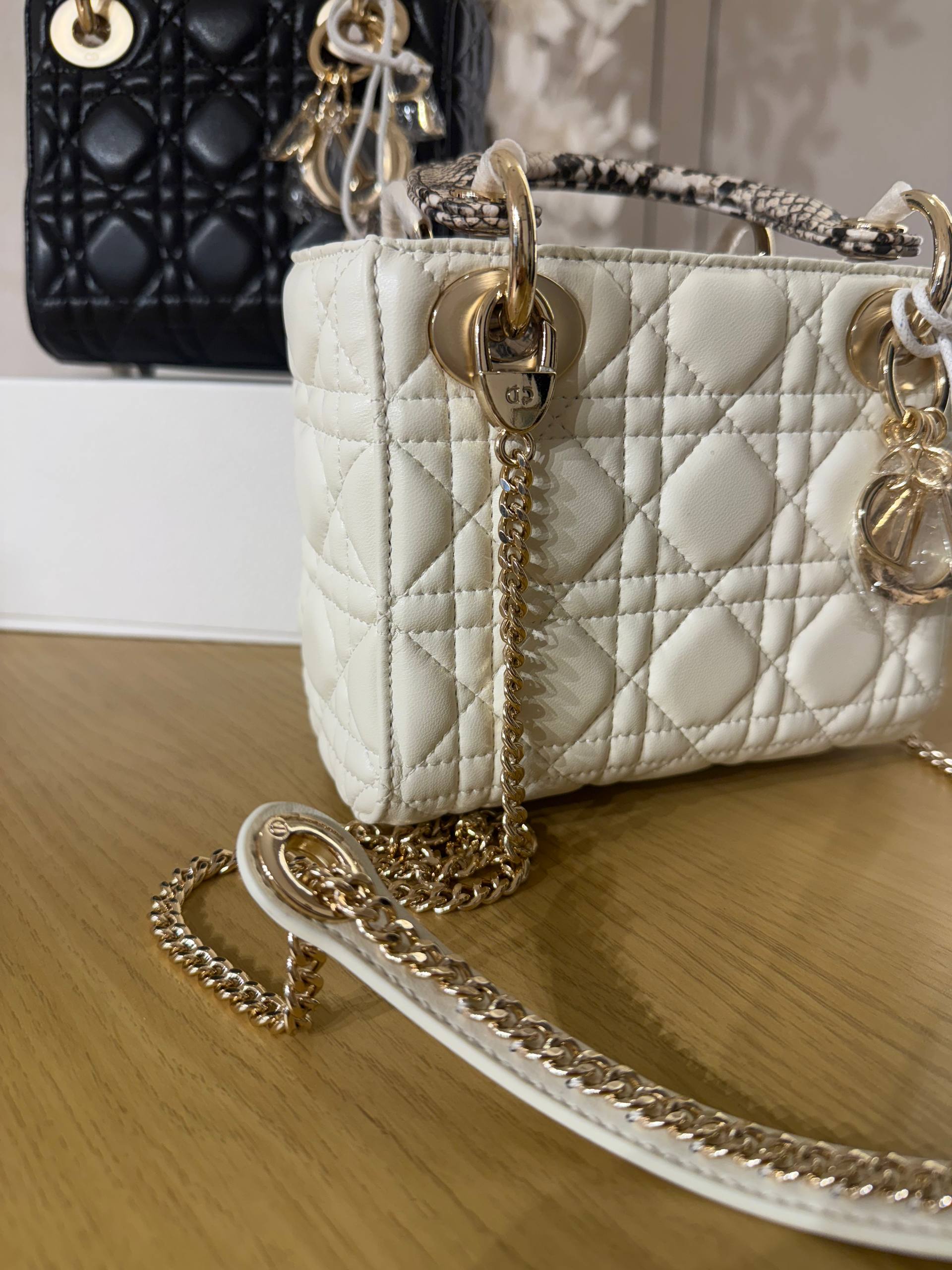 OUVALIA Luxury Edit | Dior Small Lady Dior Bag white Cannage Lambskin and Multicolor Python Light Gold Hardware