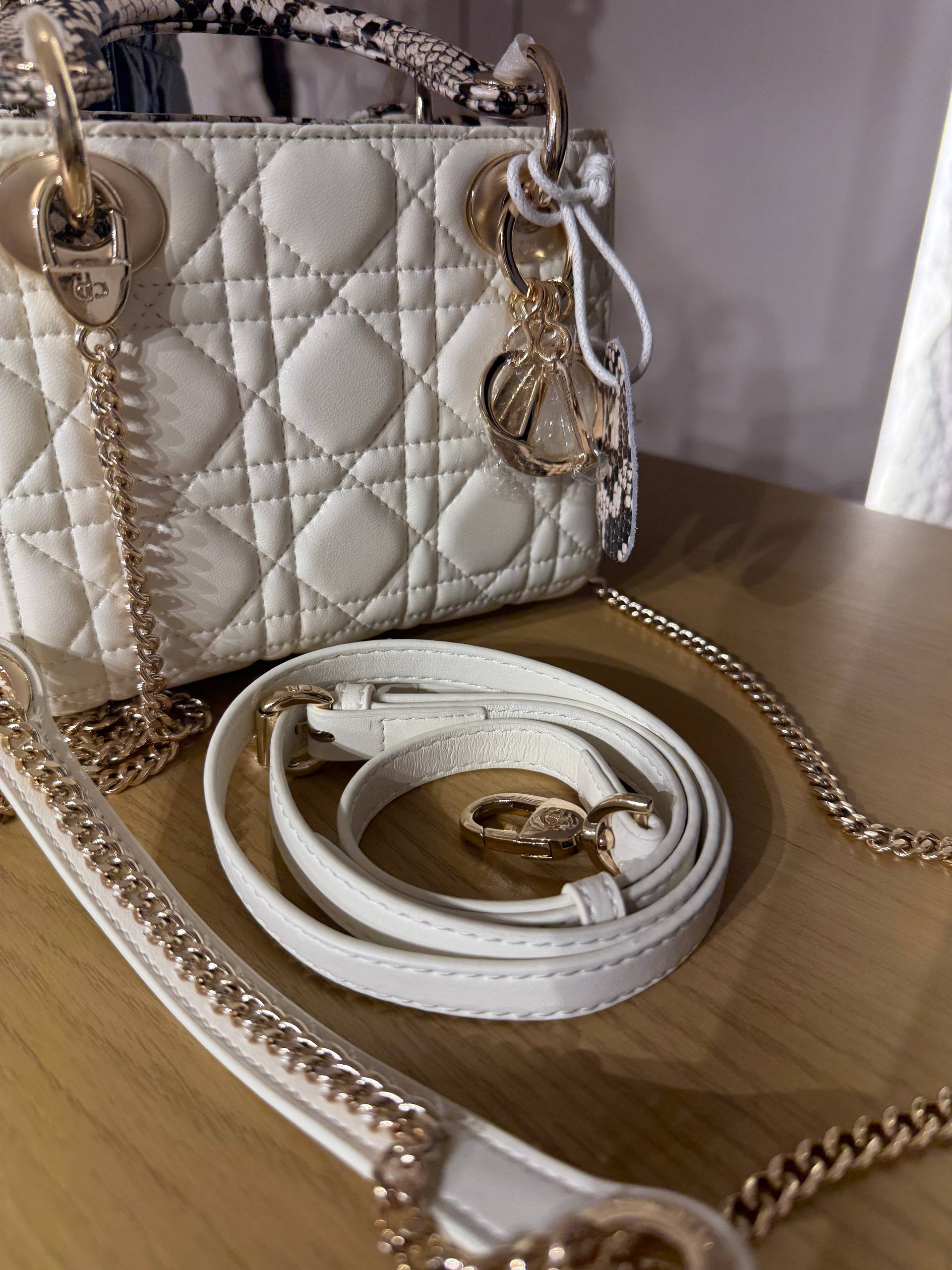 OUVALIA Luxury Edit | Dior Small Lady Dior Bag white Cannage Lambskin and Multicolor Python Light Gold Hardware