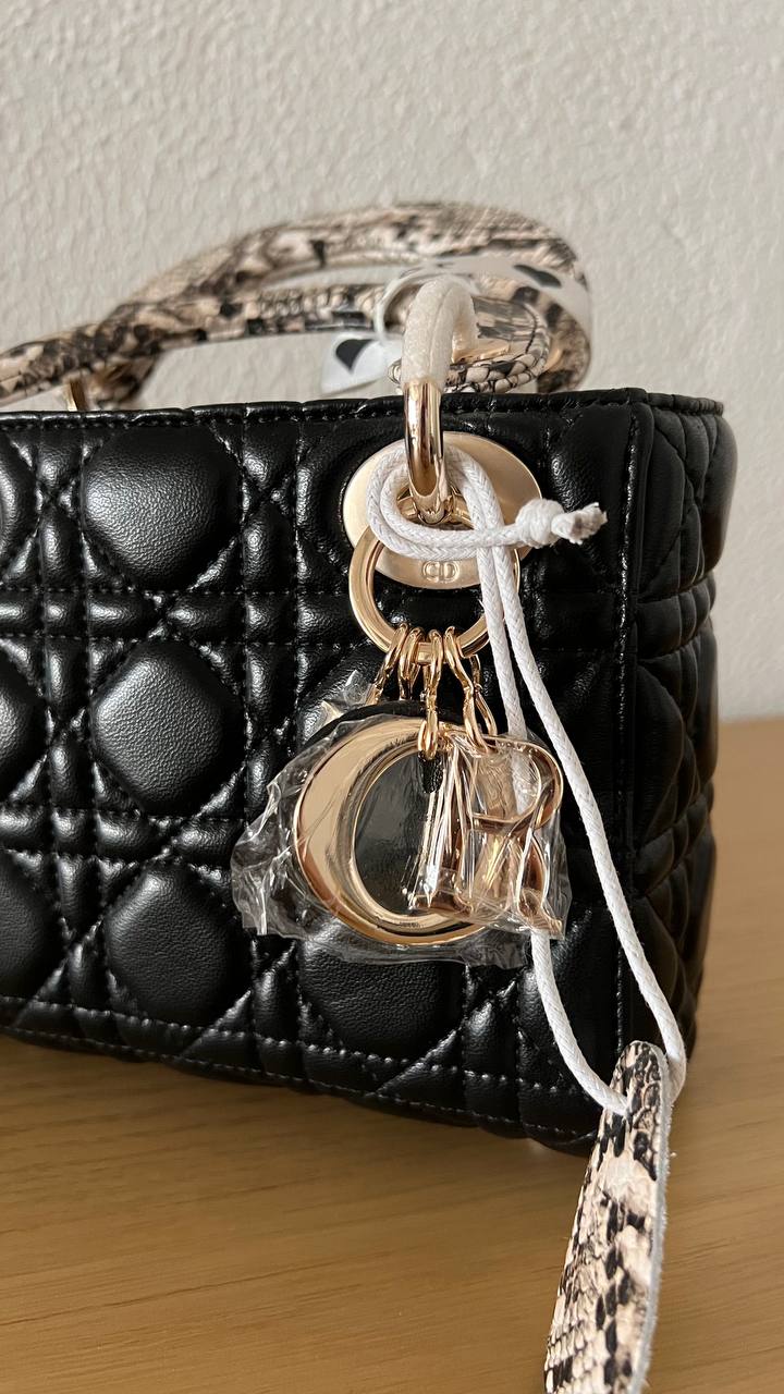 OUVALIA Luxury Edit | Dior Small Lady Dior Bag Black Cannage Lambskin and Multicolor Python Light Gold Hardware